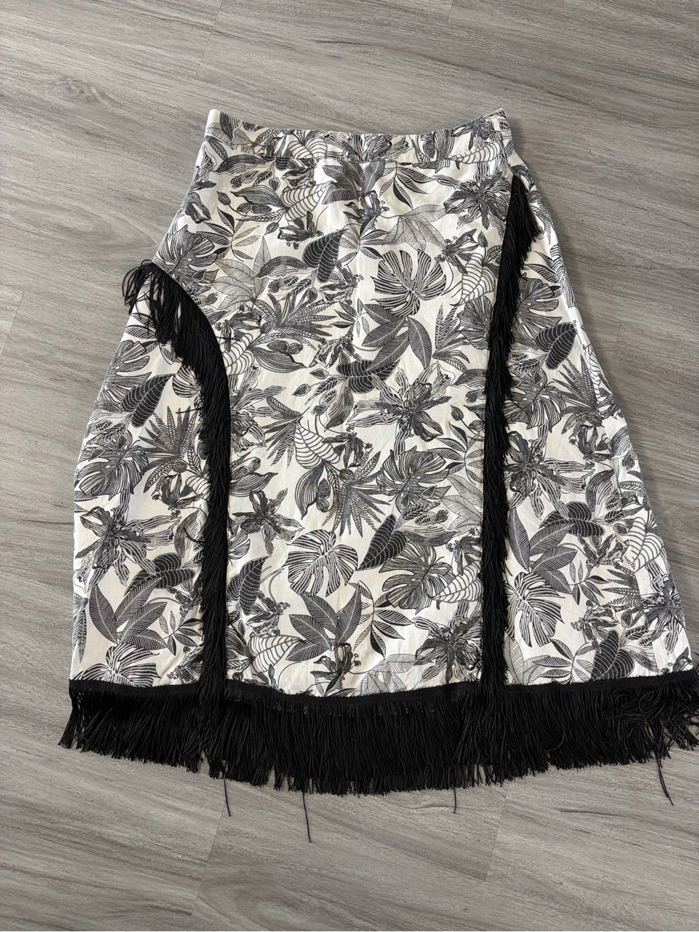 Black & White Tropical Fringe Midi Skirt